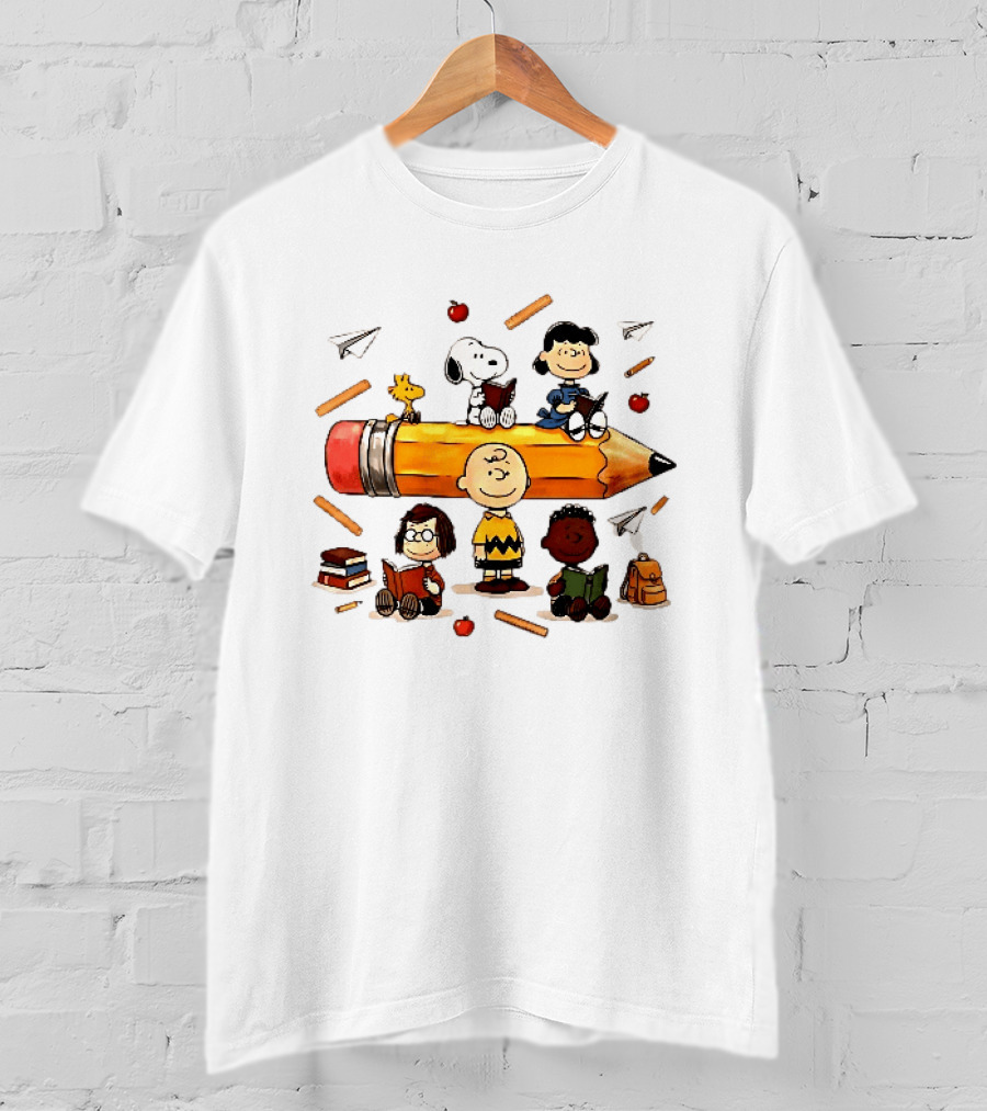Charlie's Giant Pencil Peanuts Cartoon School Supplies Snoopy Woodstock T-Shirt
