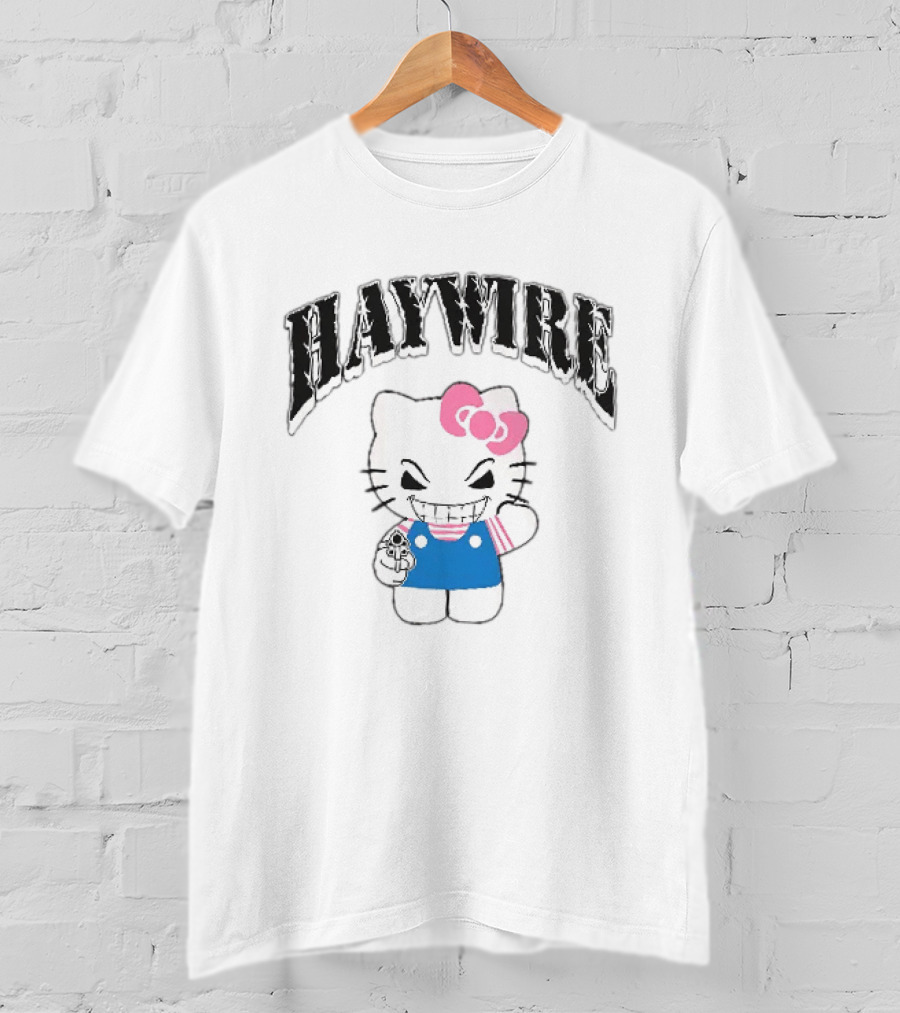 Haywire Hello Kitty Mischievous Grin Pink Bow Blue Overalls T-Shirt