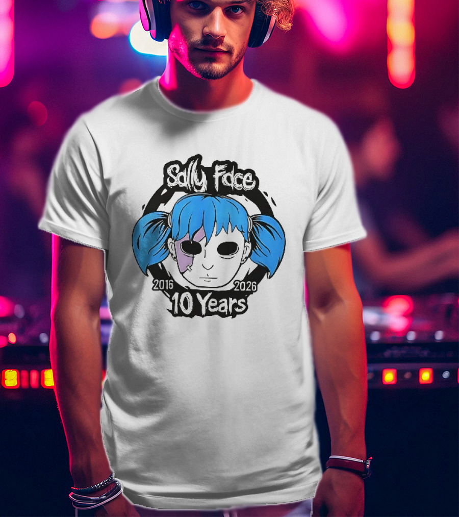 Sally Face 2016 2026 10 Years Cartoon Blue Hair Masked Character Anniversary T-Shirt