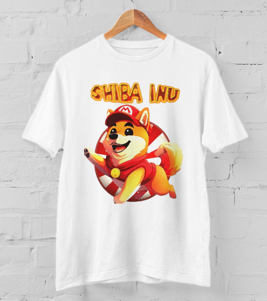 Shiba Inu Cartoon Dog Mario Red Cap Vest Running Striped T-Shirt
