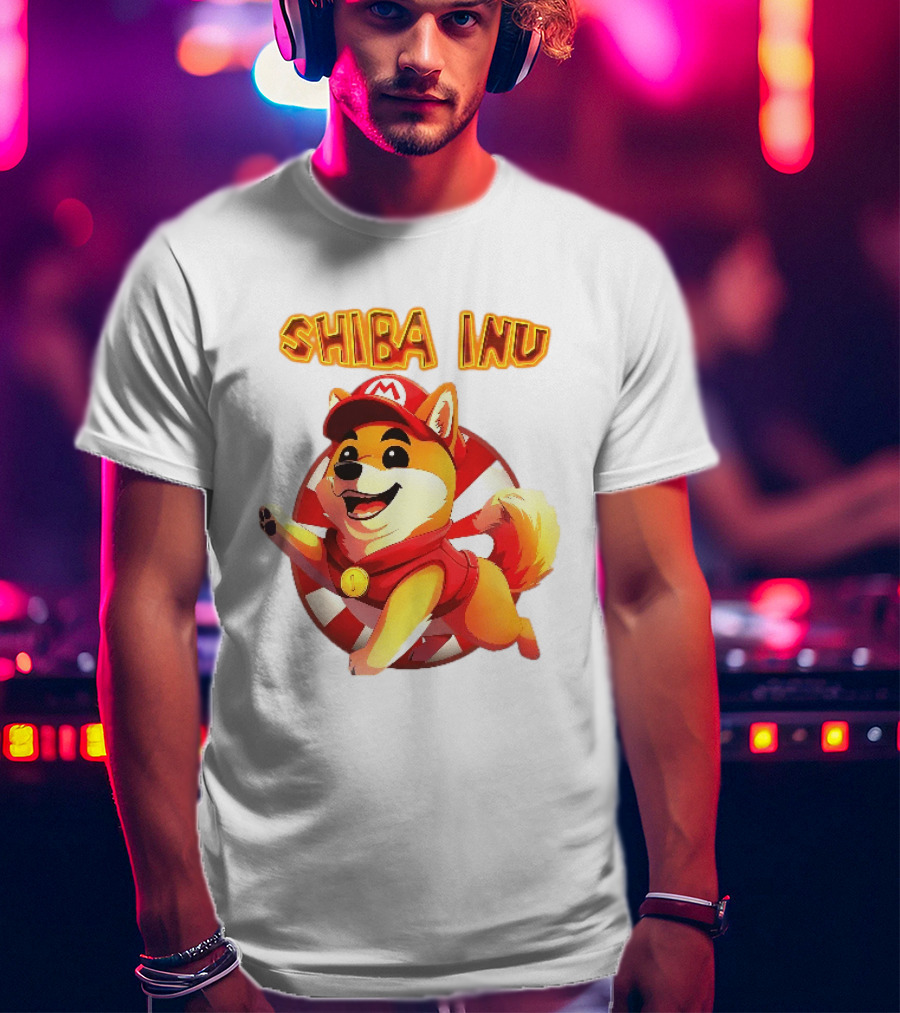Shiba Inu Cartoon Dog Mario Red Cap Vest Running Striped T-Shirt