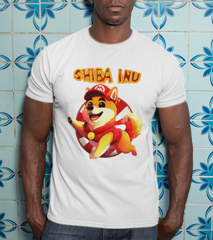 Shiba Inu Cartoon Dog Mario Red Cap Vest Running Striped T-Shirt