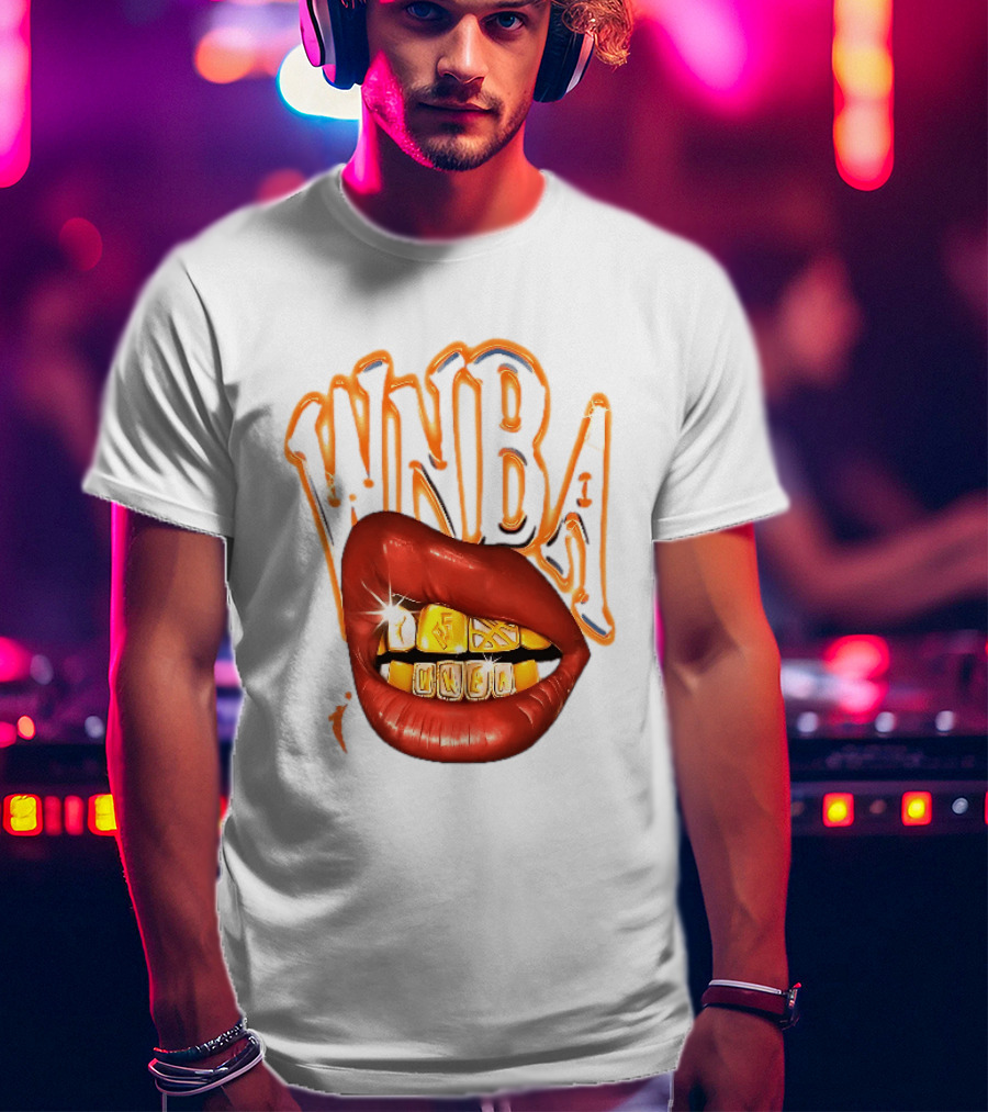 WNBA Red Lips Gold Teeth Grillz Glowing Chrome Lettering T-Shirt