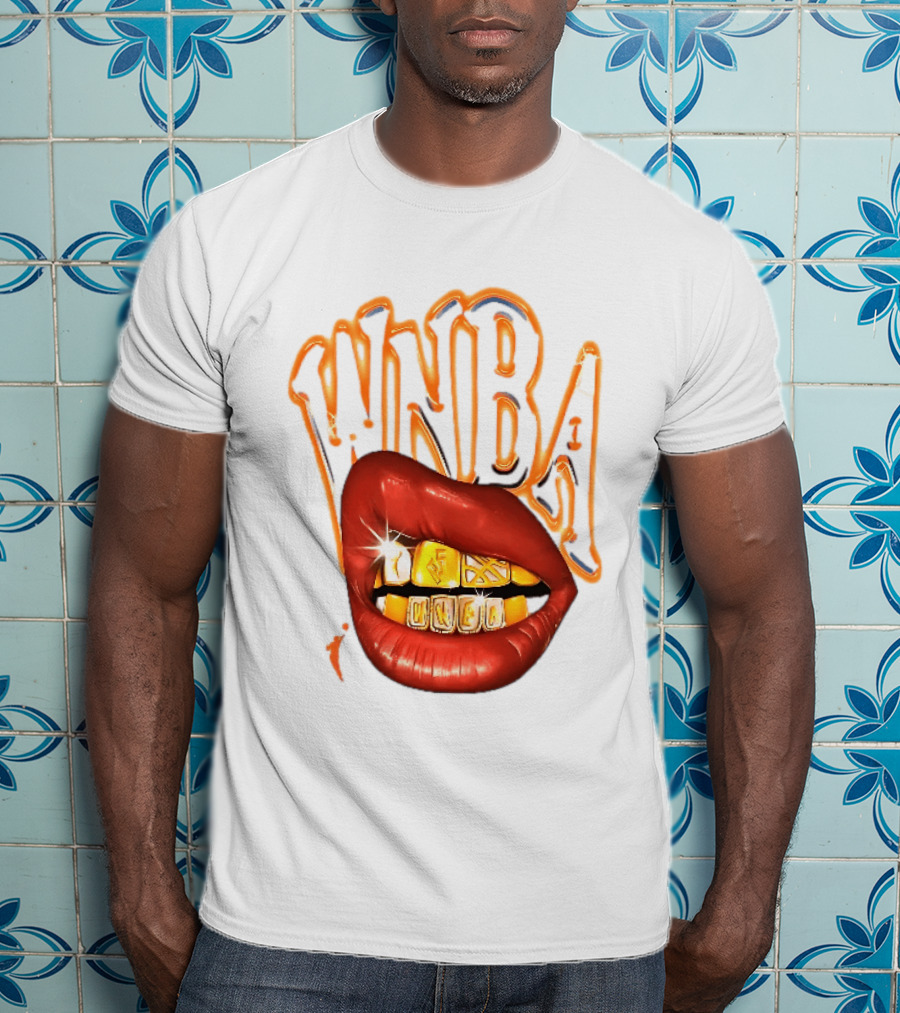 WNBA Red Lips Gold Teeth Grillz Glowing Chrome Lettering T-Shirt