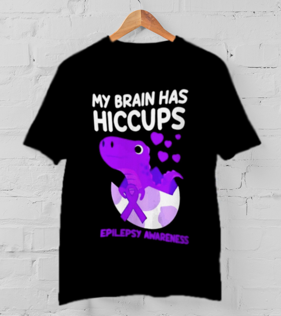 My Brain Has Hiccups Epilepsy Awareness Dinosaur Purple Ribbon Eggshell Hearts T-Shirt
