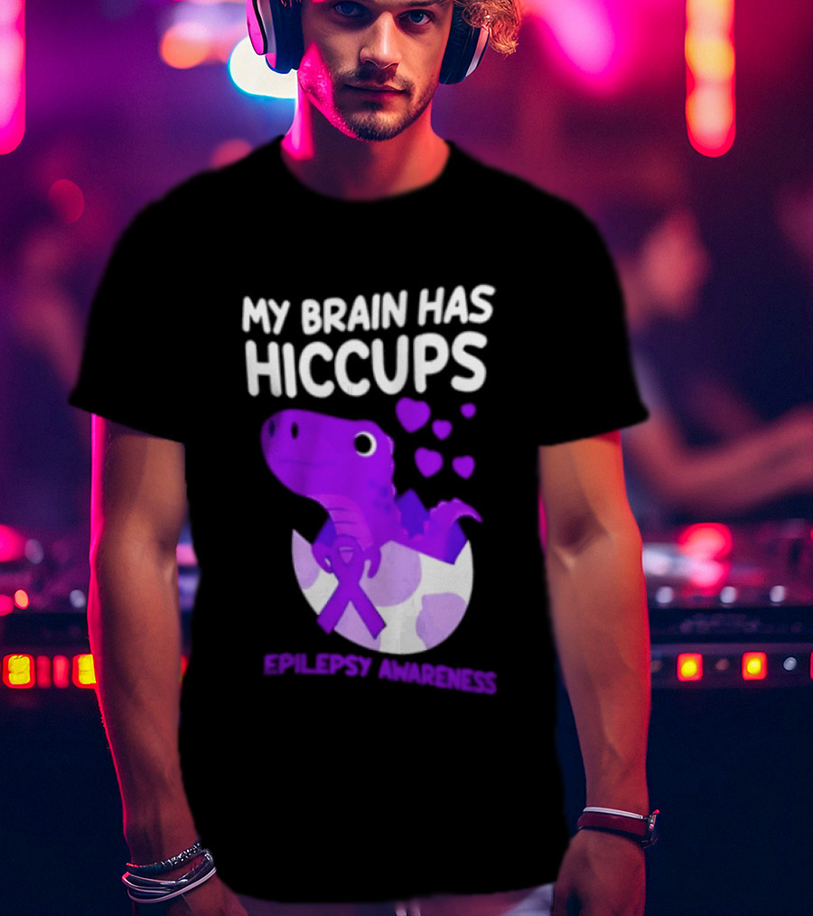 My Brain Has Hiccups Epilepsy Awareness Dinosaur Purple Ribbon Eggshell Hearts T-Shirt