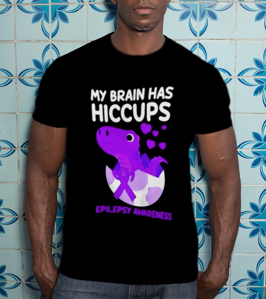 My Brain Has Hiccups Epilepsy Awareness Dinosaur Purple Ribbon Eggshell Hearts T-Shirt