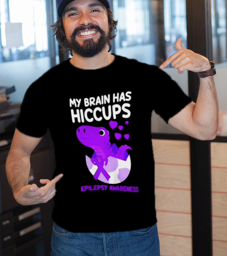 My Brain Has Hiccups Epilepsy Awareness Dinosaur Purple Ribbon Eggshell Hearts T-Shirt