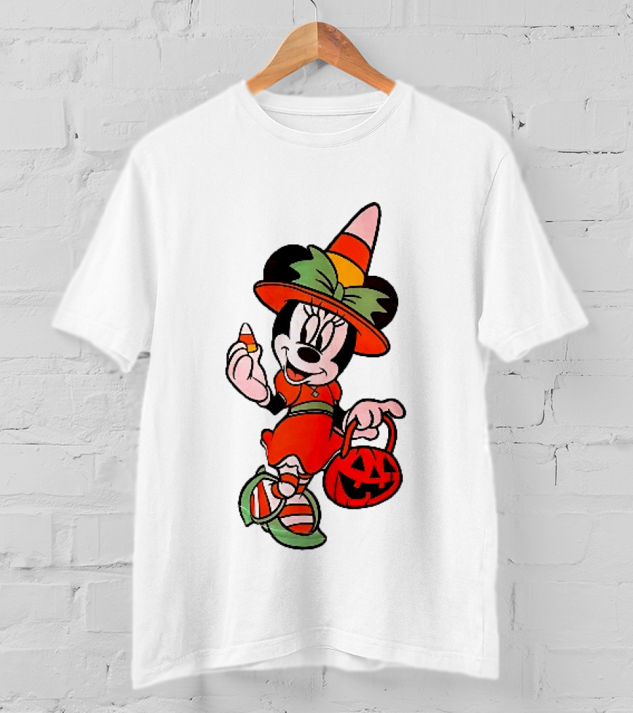 Disney Minnie Mouse Halloween Witch With Candy Corn And Pumpkin Bucket T-Shirt