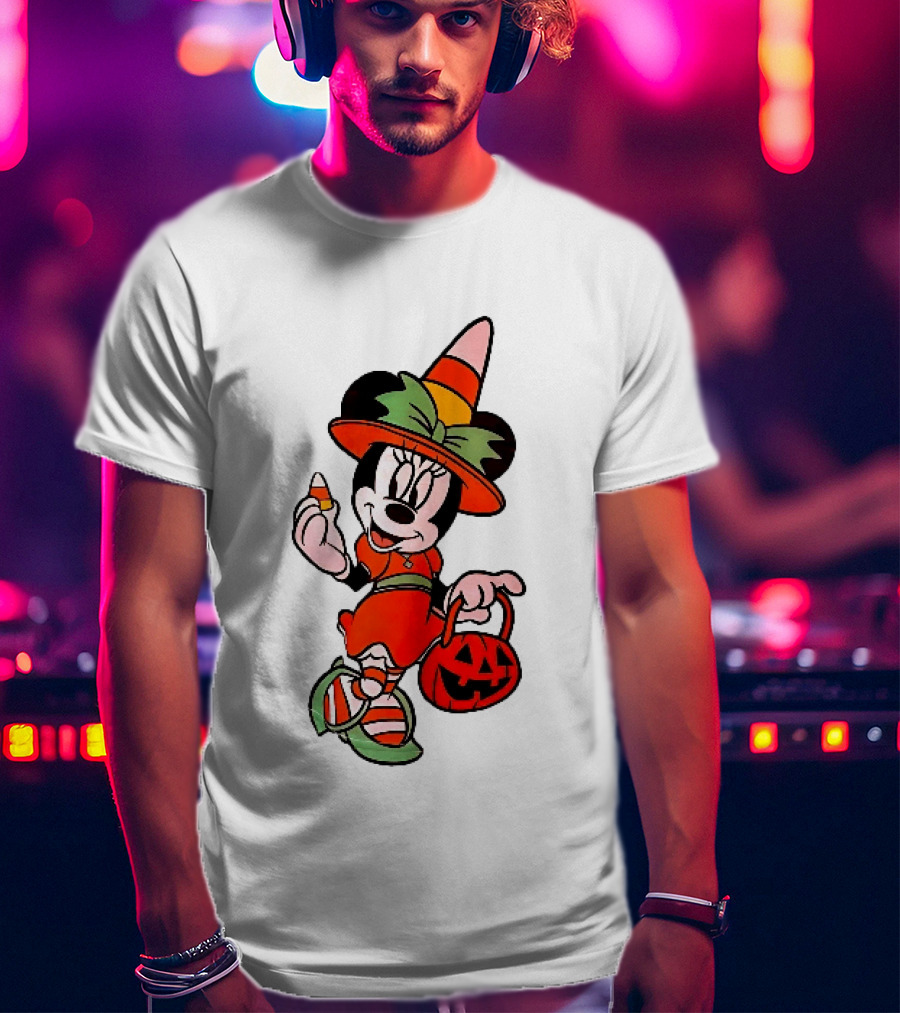 Disney Minnie Mouse Halloween Witch With Candy Corn And Pumpkin Bucket T-Shirt