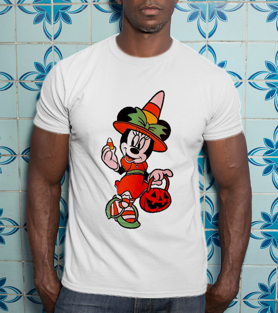 Disney Minnie Mouse Halloween Witch With Candy Corn And Pumpkin Bucket T-Shirt
