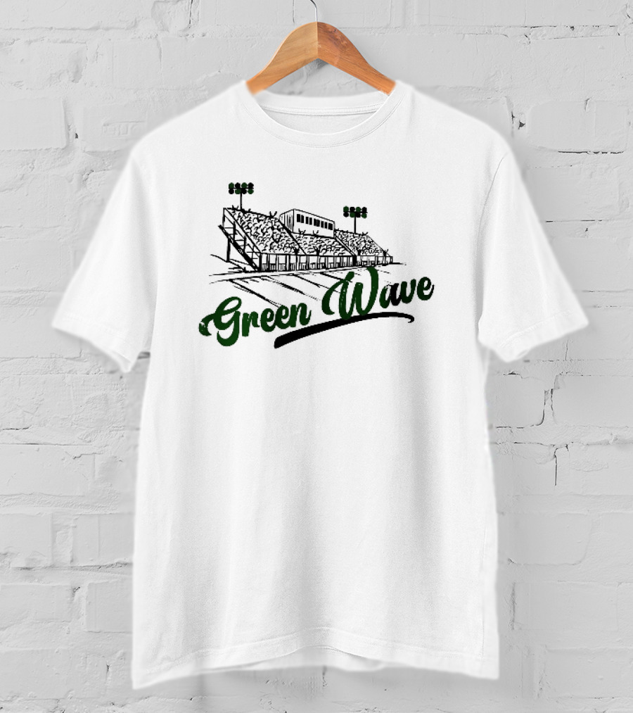 Green Wave Football Stadium Bleachers With Light Poles Sketch T-Shirt