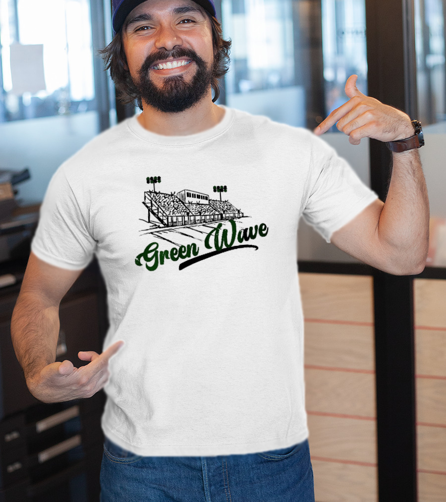 Green Wave Football Stadium Bleachers With Light Poles Sketch T-Shirt