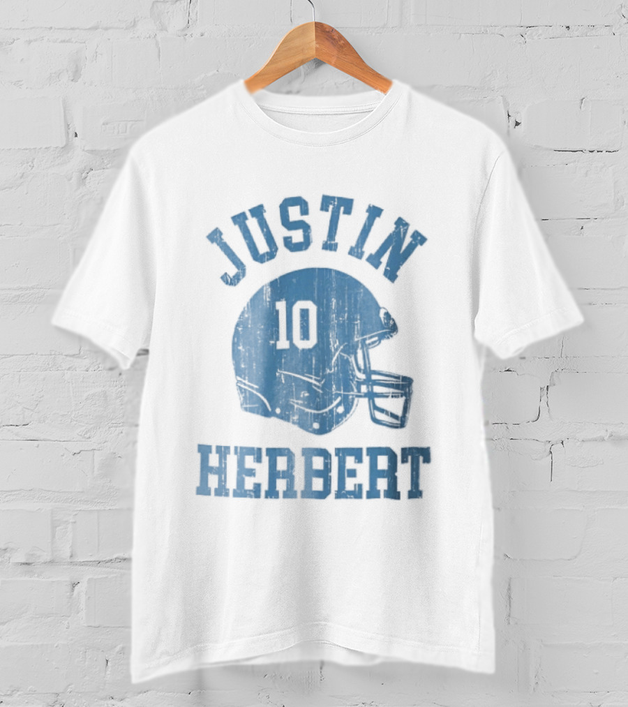 Justin Herbert Distressed Light Blue Football Helmet Number 10 T-Shirt