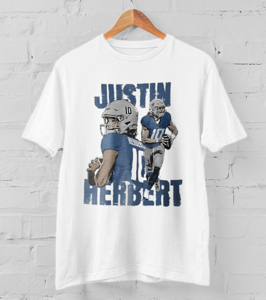 Justin Herbert Quarterback Action Photo Collage Blue Distressed T-Shirt
