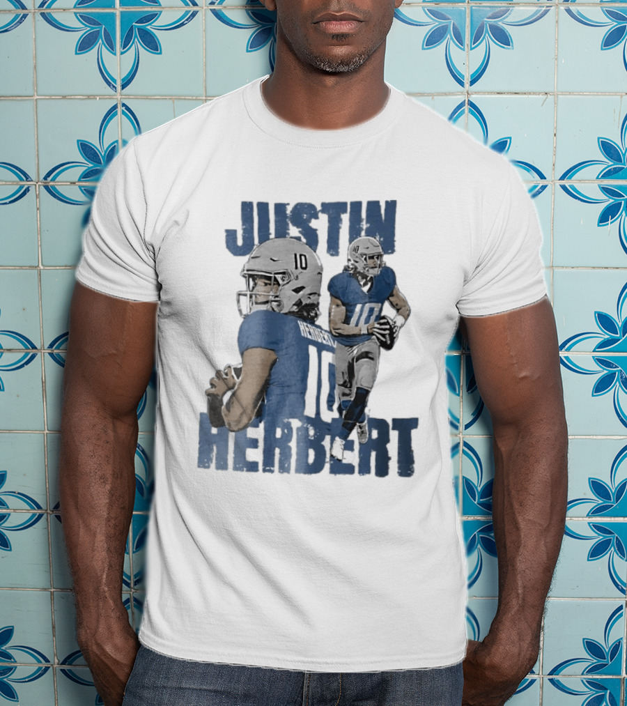 Justin Herbert Quarterback Action Photo Collage Blue Distressed T-Shirt