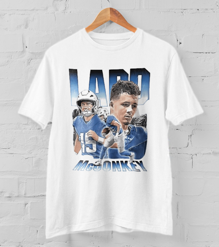 Ladd McConkey Number 15 Football Player Blue Jersey Collage T-Shirt