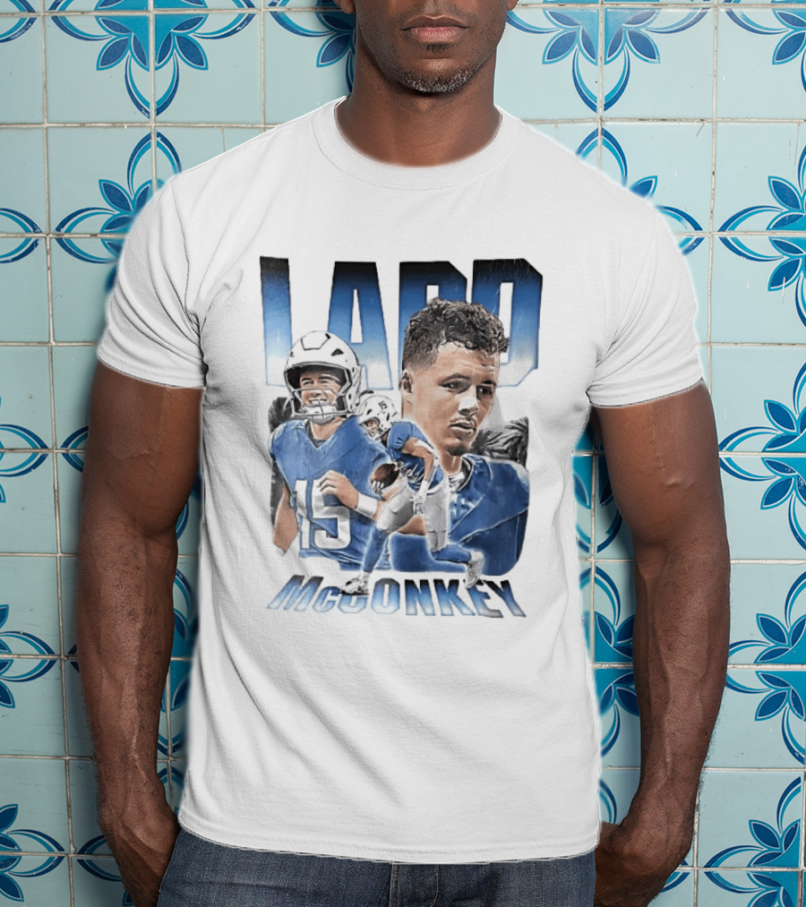 Ladd McConkey Number 15 Football Player Blue Jersey Collage T-Shirt