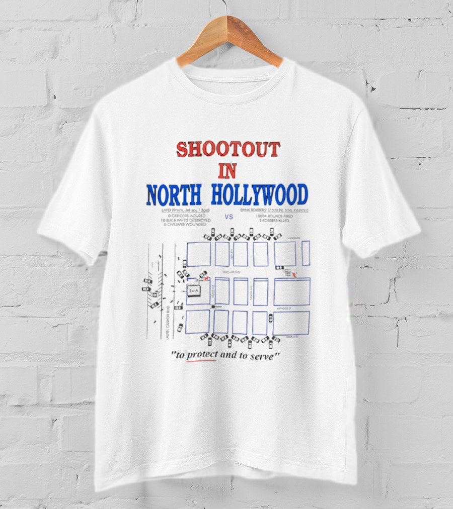 Shootout In North Hollywood Map With LAPD And Bank Robbers Ammunition Details T-Shirt