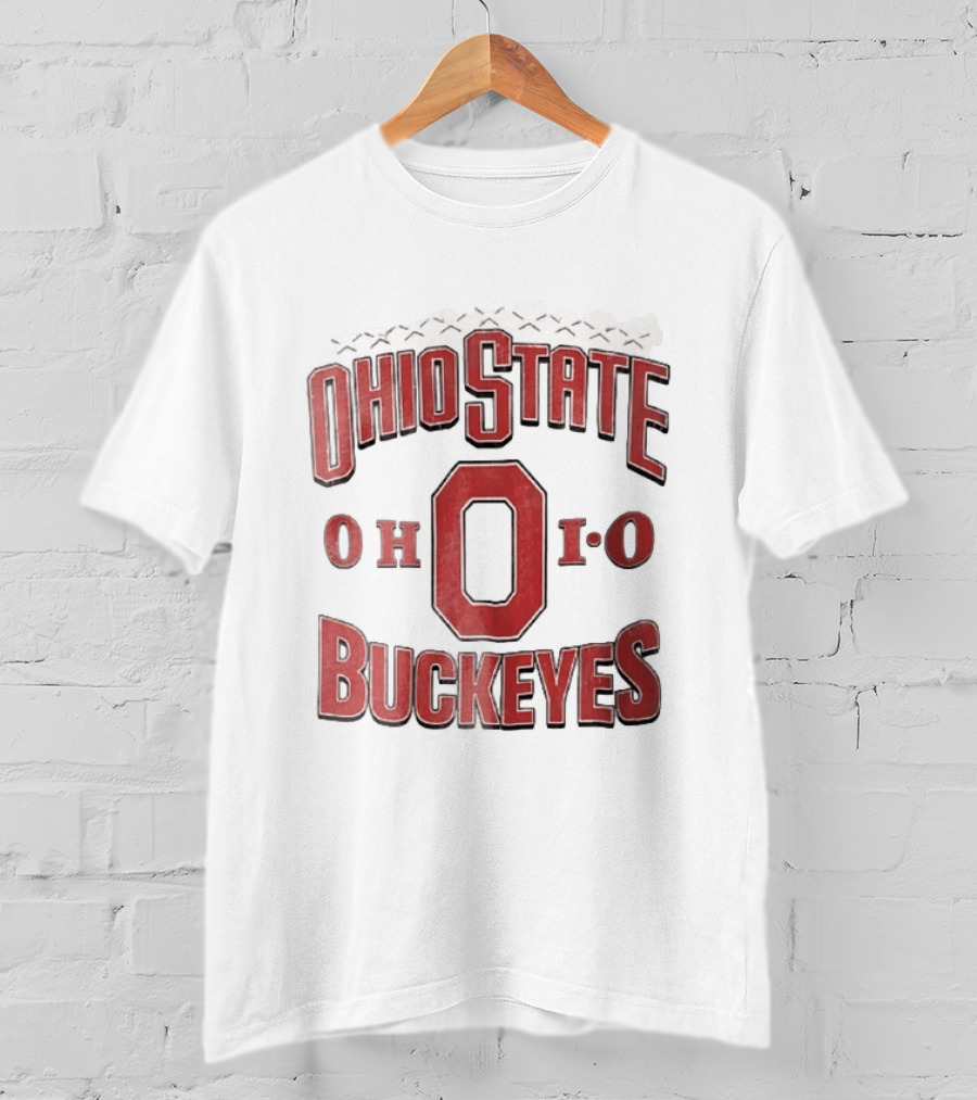 Ohio State Buckeyes NCAA Ohio Block Letter Red Football Laces Arch T-Shirt