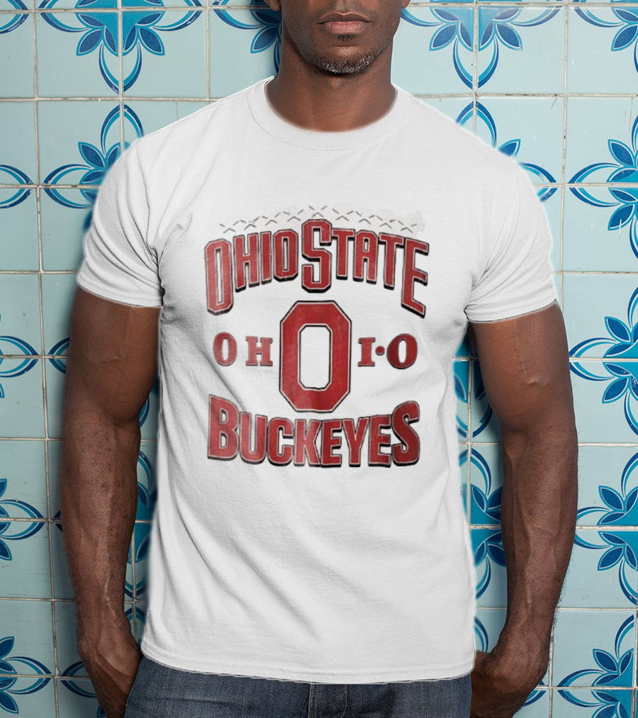 Ohio State Buckeyes NCAA Ohio Block Letter Red Football Laces Arch T-Shirt