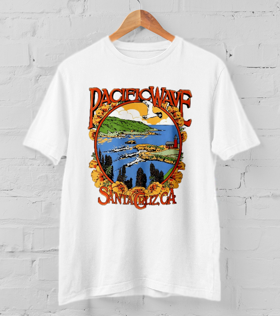 Pacific Wave Santa Cruz CA Coastal Lighthouse Ocean Seagull Flowers Scenic T-Shirt