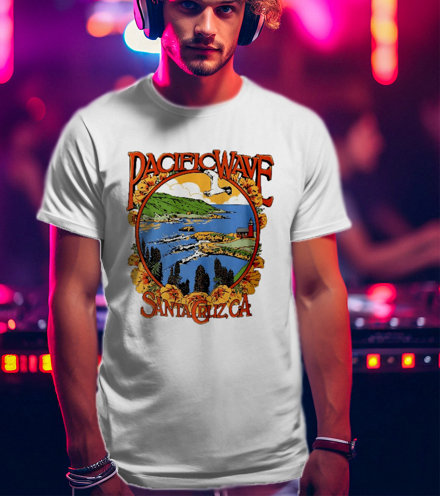 Pacific Wave Santa Cruz CA Coastal Lighthouse Ocean Seagull Flowers Scenic T-Shirt