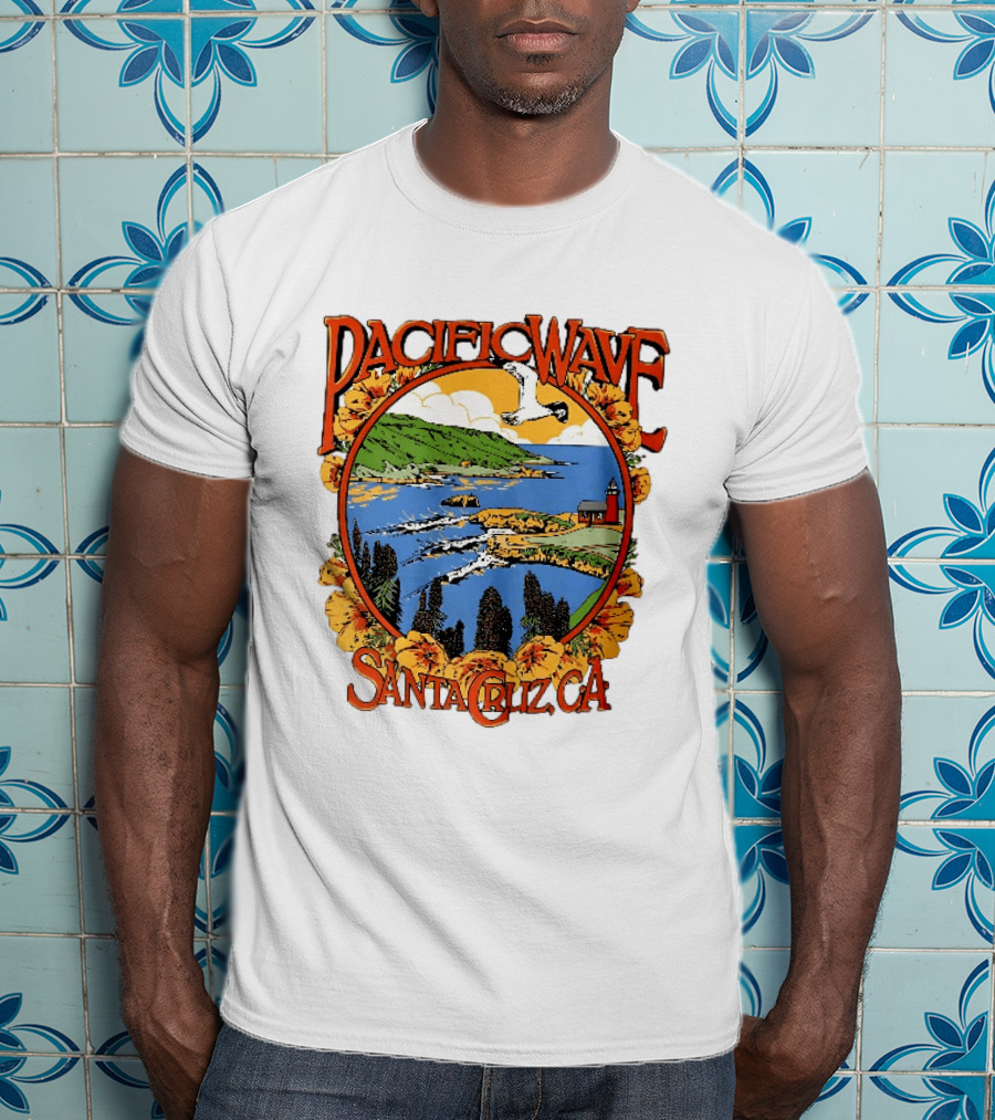 Pacific Wave Santa Cruz CA Coastal Lighthouse Ocean Seagull Flowers Scenic T-Shirt