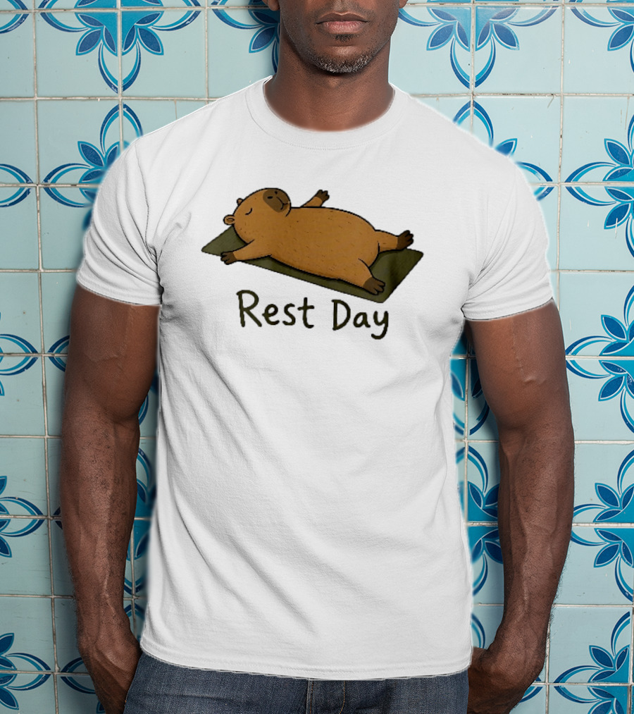 Rest Day Capybara Relaxing On Yoga Mat Cartoon T-Shirt