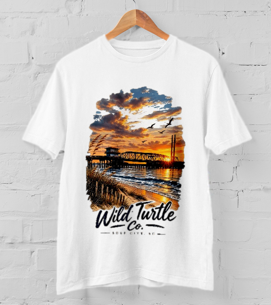 Wild Turtle Co Surf City NC Beach Dunes Pier Sunset Flying Birds T-Shirt