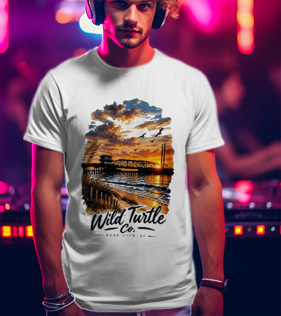 Wild Turtle Co Surf City NC Beach Dunes Pier Sunset Flying Birds T-Shirt