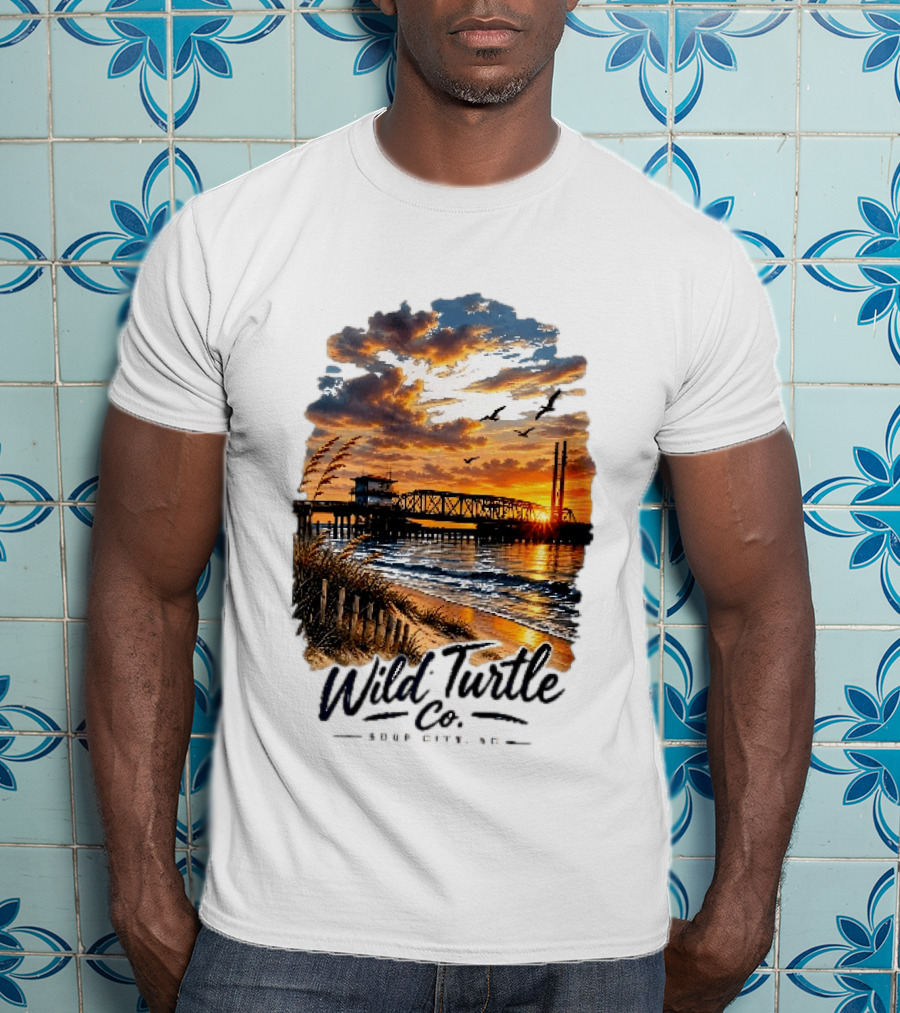 Wild Turtle Co Surf City NC Beach Dunes Pier Sunset Flying Birds T-Shirt