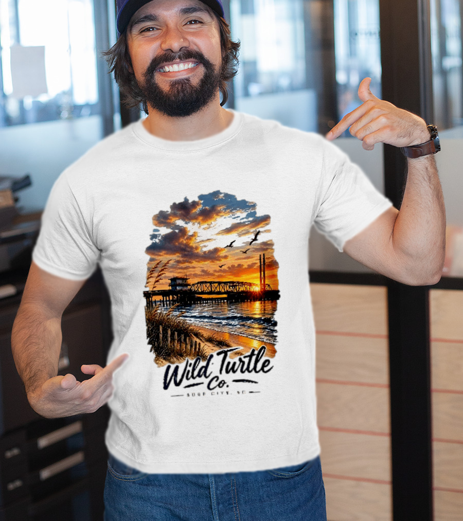 Wild Turtle Co Surf City NC Beach Dunes Pier Sunset Flying Birds T-Shirt