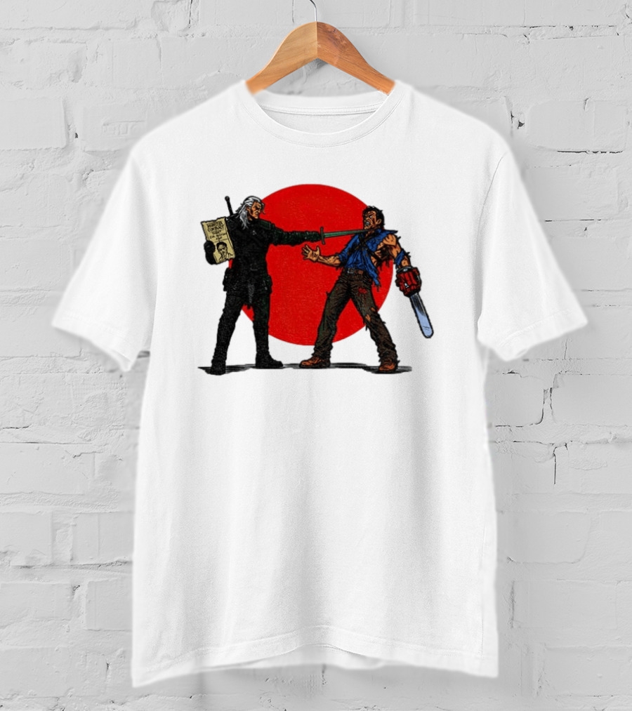 Geralt Vs Ash Evil Dead Or Alive Red Circle Showdown T-Shirt