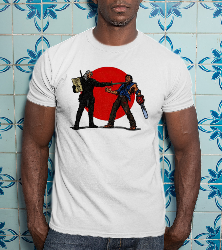 Geralt Vs Ash Evil Dead Or Alive Red Circle Showdown T-Shirt