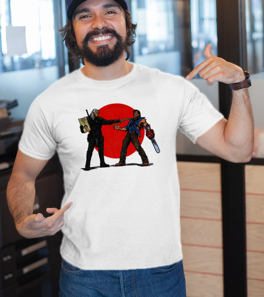 Geralt Vs Ash Evil Dead Or Alive Red Circle Showdown T-Shirt