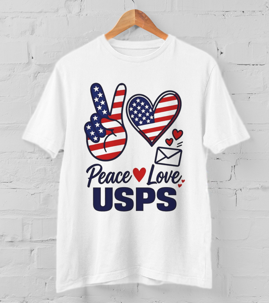 Peace Love USPS American Flag Heart And Mail T-Shirt