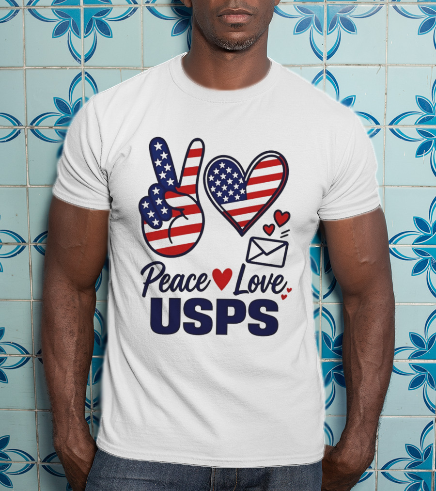 Peace Love USPS American Flag Heart And Mail T-Shirt