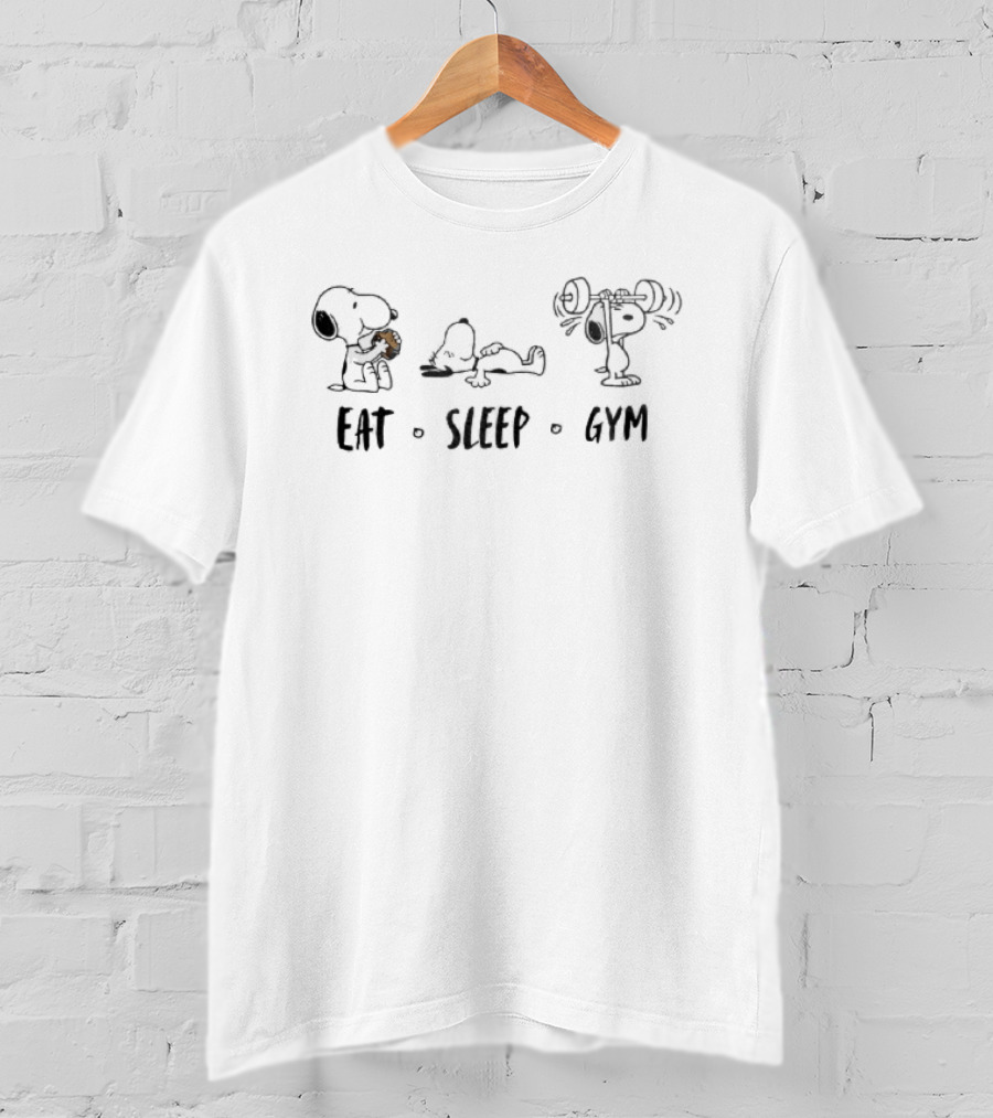 Peanuts Snoopy Eat Sleep Gym Hamburger Resting Barbell Cartoon Line T-Shirt
