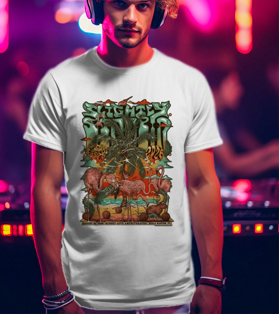 Slightly Stoopid August 22 2026 Ice Drippin Summer Tour Sunset Cove Amphitheater Boca Raton FL Flamingos Palms T-Shirt