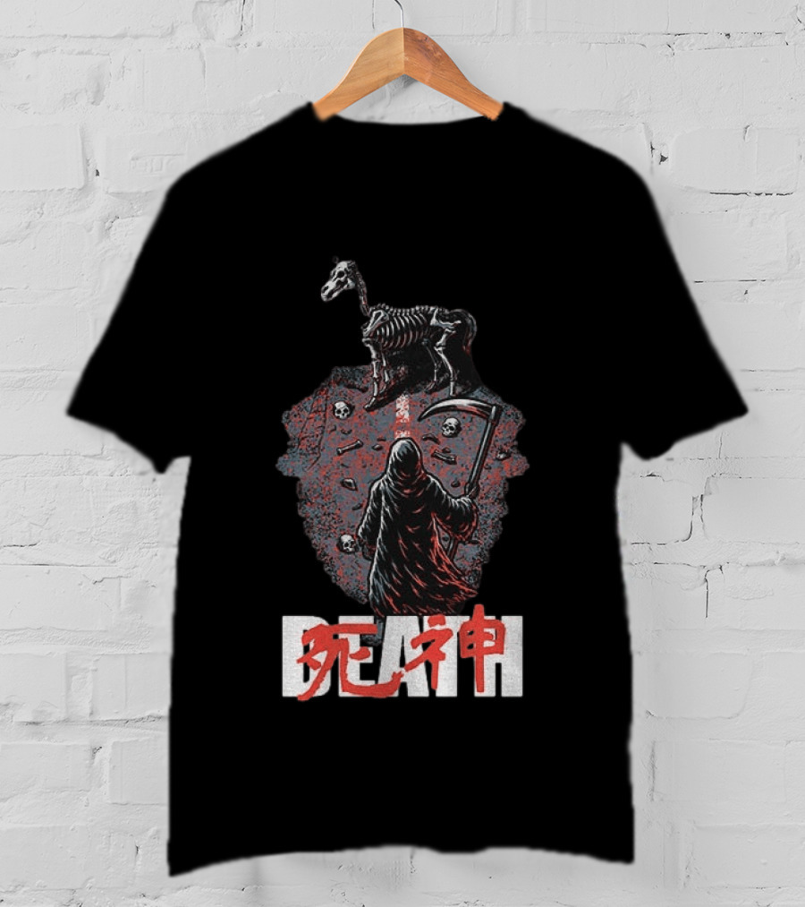 Grim Reaper Death Rider Japanese Kanji Skulls Scythe T-Shirt