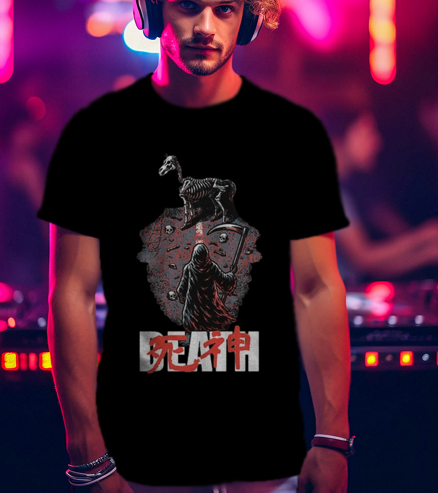 Grim Reaper Death Rider Japanese Kanji Skulls Scythe T-Shirt