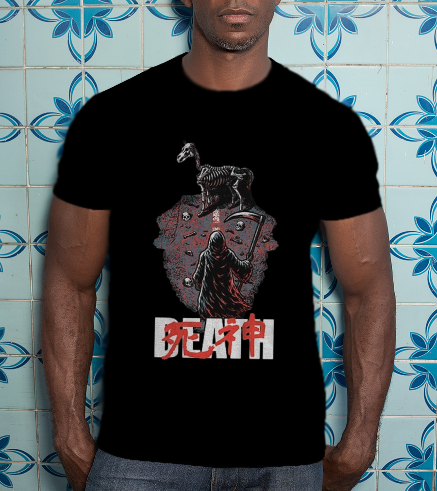 Grim Reaper Death Rider Japanese Kanji Skulls Scythe T-Shirt