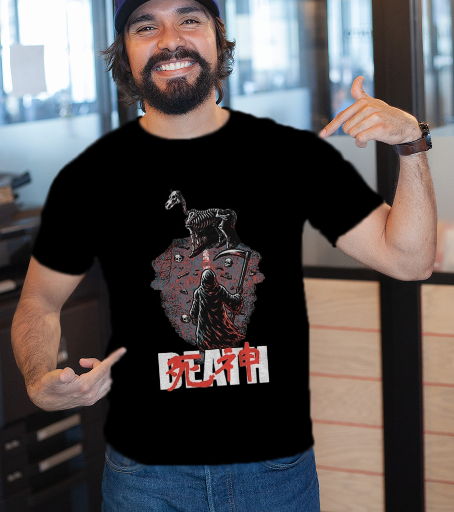 Grim Reaper Death Rider Japanese Kanji Skulls Scythe T-Shirt