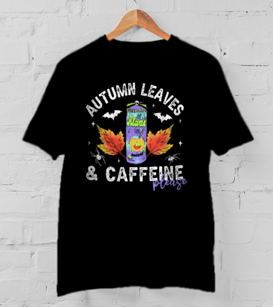 Autumn Leaves Caffeine Please Witchs Brew Energy Drink Can Bats Spiders Orange T-Shirt