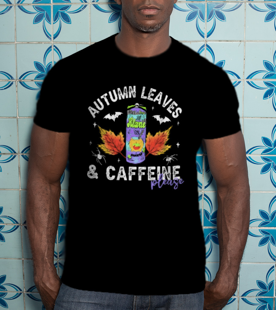 Autumn Leaves Caffeine Please Witchs Brew Energy Drink Can Bats Spiders Orange T-Shirt