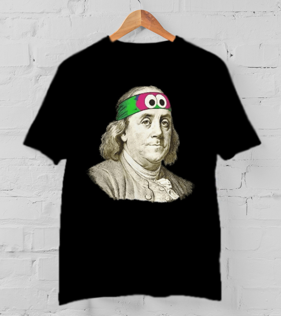 Benjamin Franklin Cartoon With Colorful Ninja Headband And Googly Eyes T-Shirt