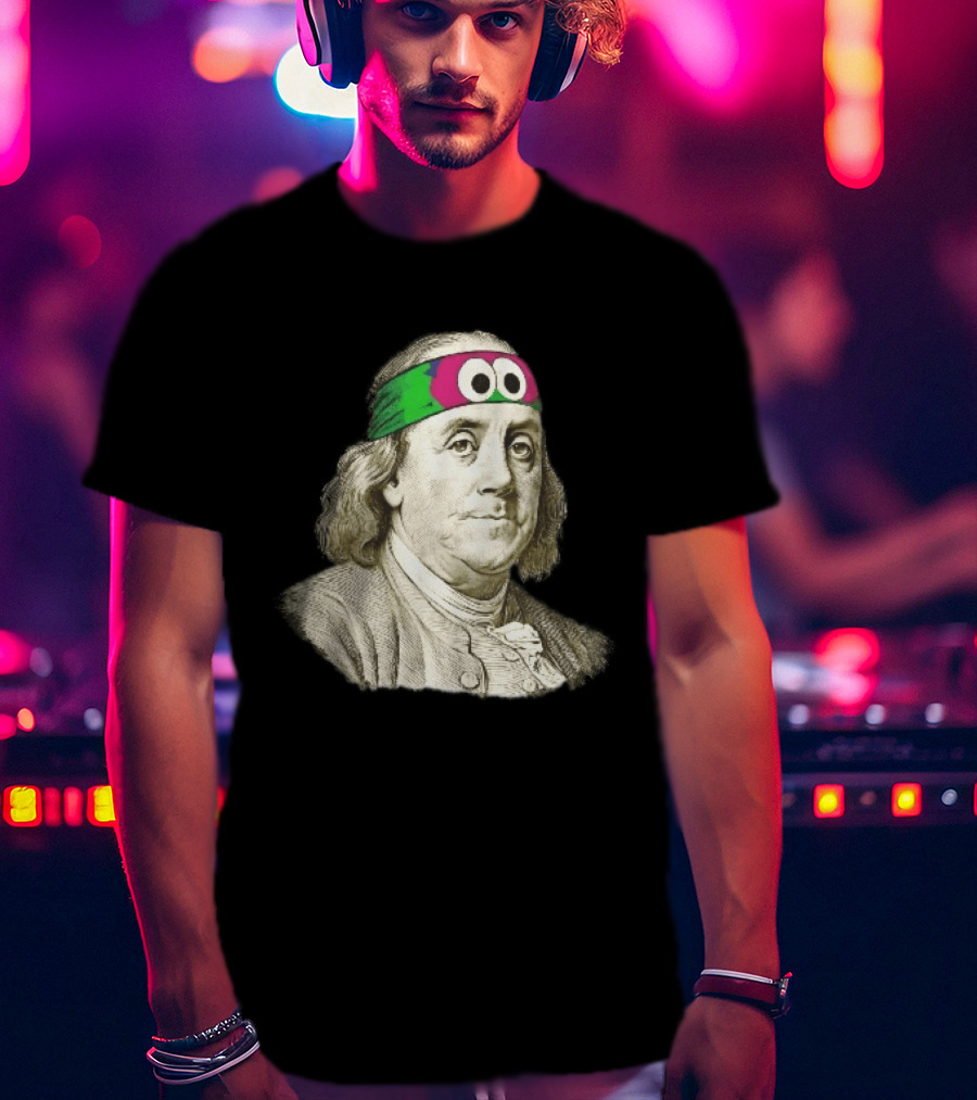 Benjamin Franklin Cartoon With Colorful Ninja Headband And Googly Eyes T-Shirt