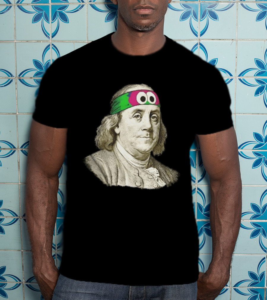 Benjamin Franklin Cartoon With Colorful Ninja Headband And Googly Eyes T-Shirt