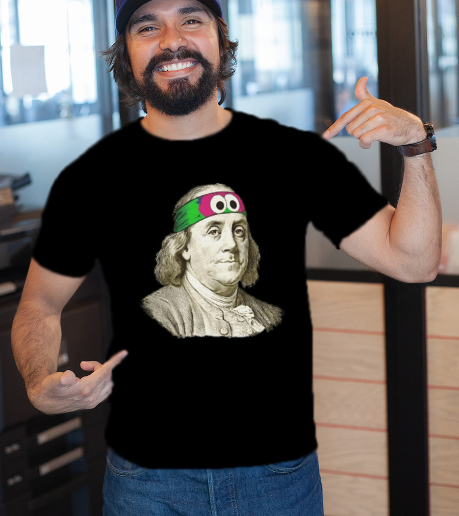 Benjamin Franklin Cartoon With Colorful Ninja Headband And Googly Eyes T-Shirt